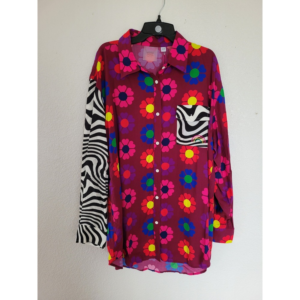 TEREZ NEW YORK Women's Heart Floral Patchwork Button Down Shirt‎ L Checkered #1